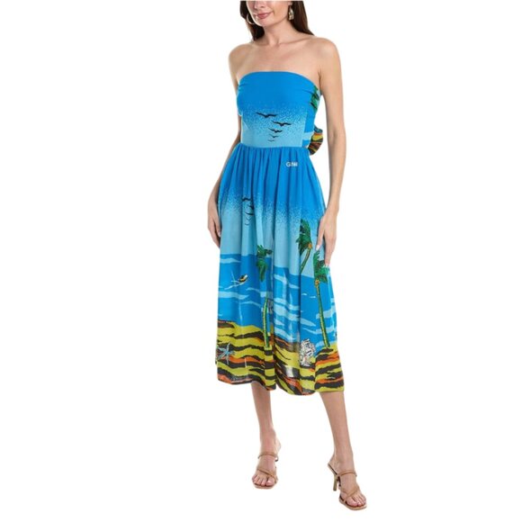 Ganni Light Tie Band Midi Dress Womens XXS XS Blue Beach Print Strapless Cotton - Picture 1 of 16